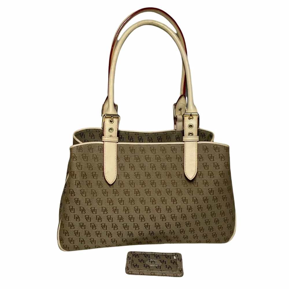 Dooney & Bourke Buckle Satchel Tote Bag Purse ID Card DB Signature Leather Trim - Picture 1 of 13